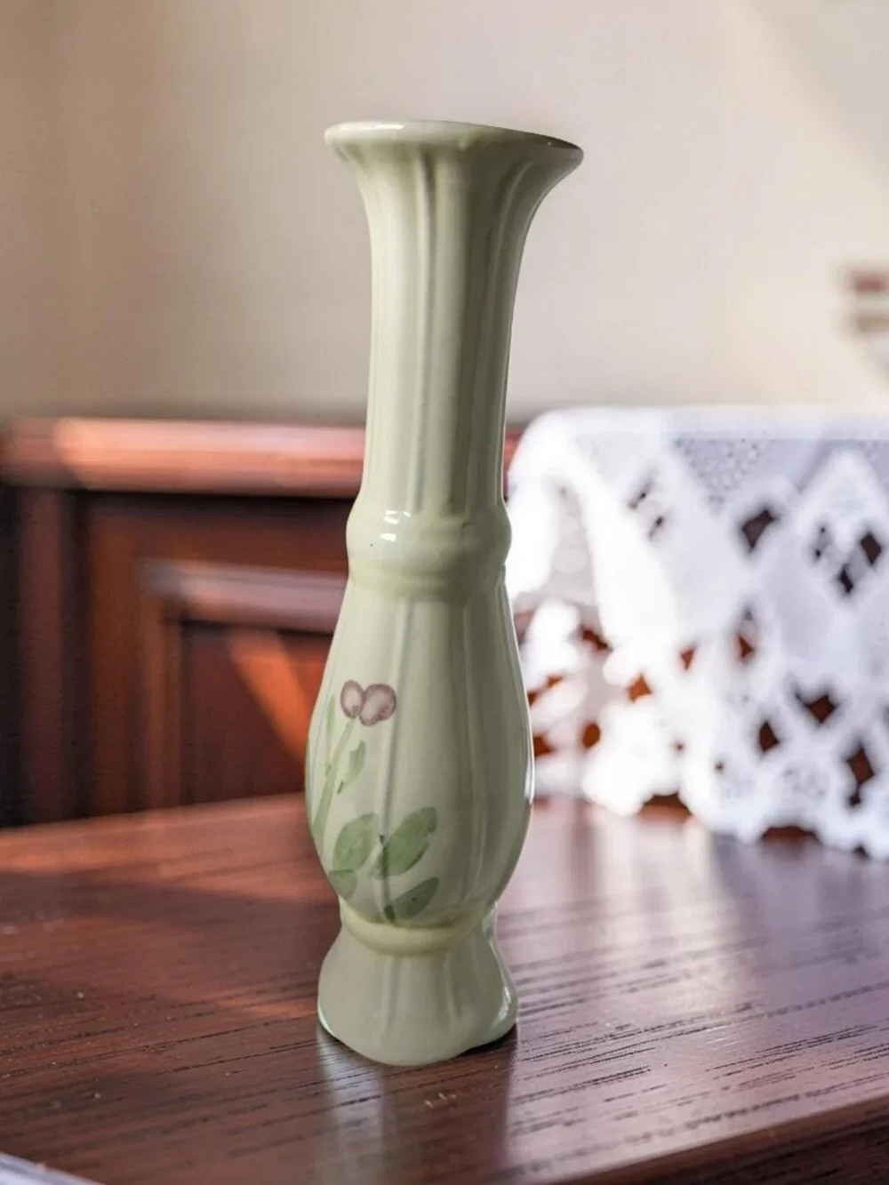 Vintage 1981 FTDA Ivory Ceramic Slender Tall Hand Painted Floral Motif Vase